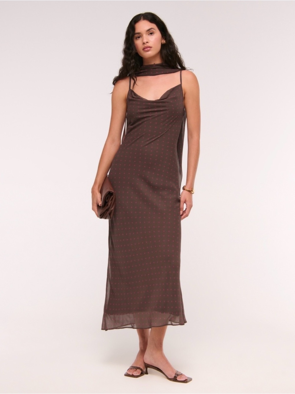 Abercrombie & Fitch Brown Dot Slip Maxi Dress with Scarf